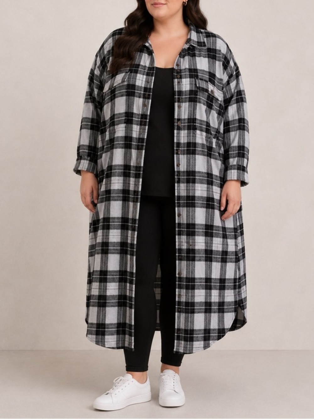 Electric & Rose Hamlin Long Plaid Gray Black Longline Button Down Shacket